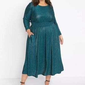 Lane Bryant Metallic Teal Blue and Silver Pleated Dress With Pockets Size 18/20
